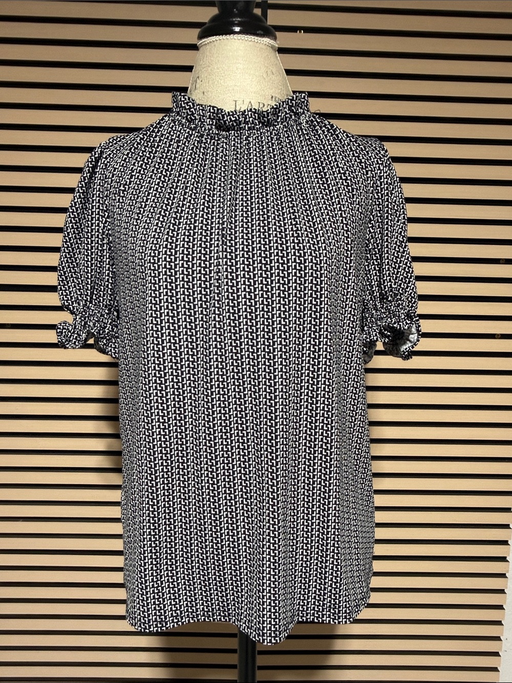 Adrianna Papell Black & White Geo-Print Ruffle Mock Neck Blouse